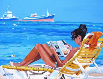 Beach Painting - girl reading at beach